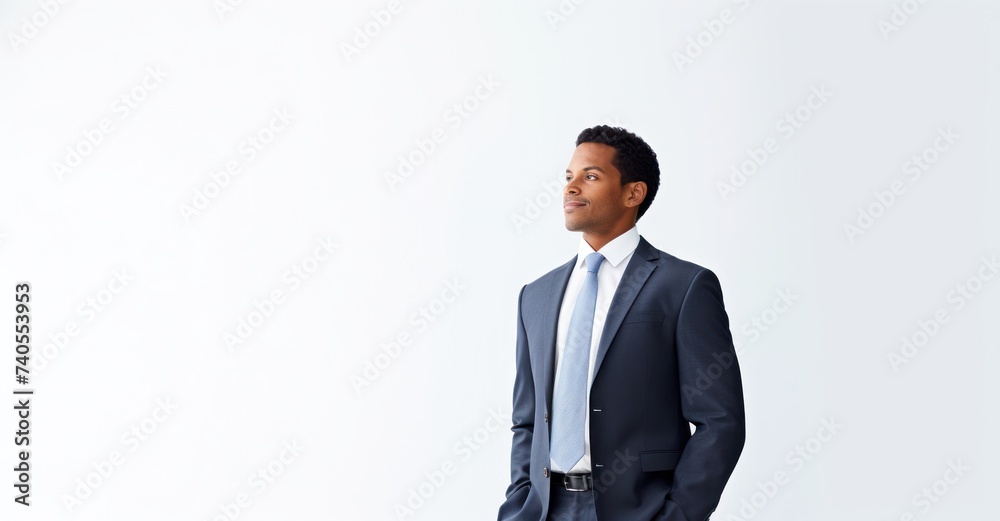Medium shot of a business professional against white, symbolizing ambition and success. Medium shot of a business professional against white, symbolizing ambition and success.