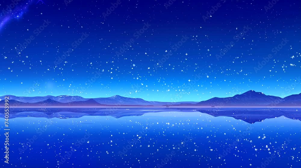 A surreal salt flat creating a mirror effect under a clear sky. Fantasy landscape anime or cartoon style, seamless looping 4k time-lapse virtual video animation background