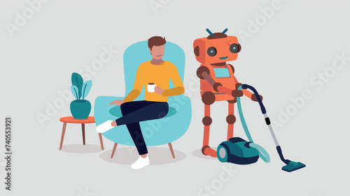 Ein Mensch entspannt sich in einem Sessel, während ein Roboter das Haus putzt - Konzept der künstlichen Intelligenz