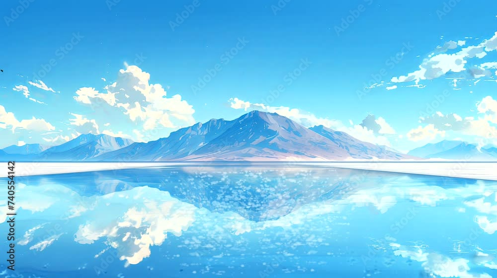 A surreal salt flat creating a mirror effect under a clear sky. Fantasy landscape anime or cartoon style, seamless looping 4k time-lapse virtual video animation background