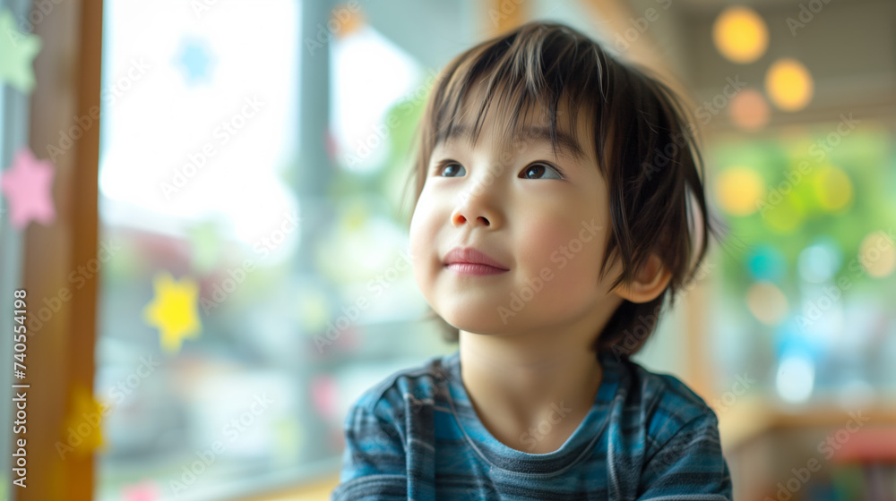 School portrait of a young happy child smiling in a classroom School portrait of a young happy child smiling in a classroom