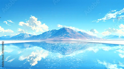 A surreal salt flat creating a mirror effect under a clear sky. Fantasy landscape anime or cartoon style, seamless looping 4k time-lapse virtual video animation background photo