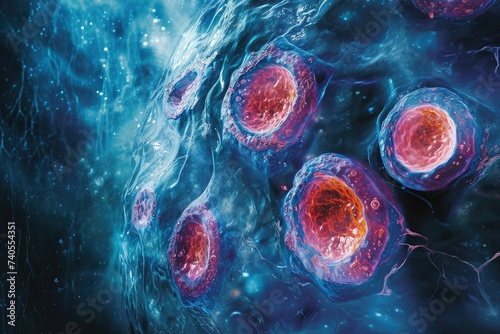 A photo capturing multiple red and blue cells suspended in water, Detailed illustration of a cellular mitosis process, AI Generated photo