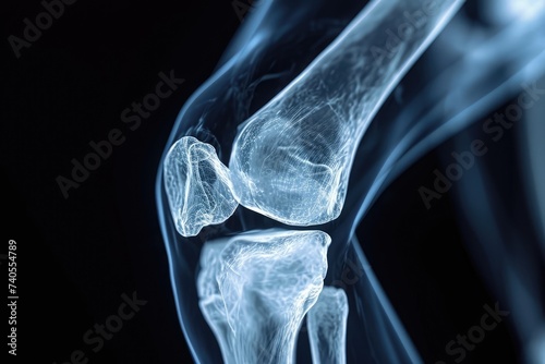 This x-ray image depicts the bones and cartilage of a knee joint in detail, providing a clear view of its structure, Detailed X-ray representation of the human knee joint in 3D, AI Generated photo