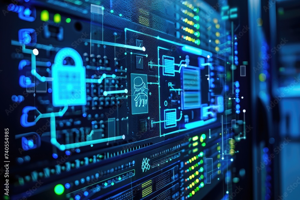 A computer server equipped with a padlock to ensure enhanced security protocols are in place, Diagram of a computer system with built-in cyber defences, AI Generated A computer server equipped with a padlock to ensure enhanced security protocols are in place, Diagram of a computer system with built-in cyber defences, AI Generated