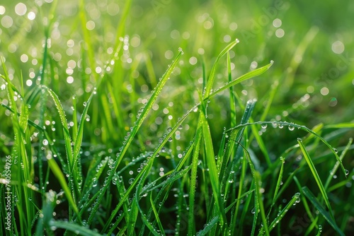 A detailed view of grass blades covered in water droplets, highlighting their natural beauty, Dew droplets on morning grass, AI Generated