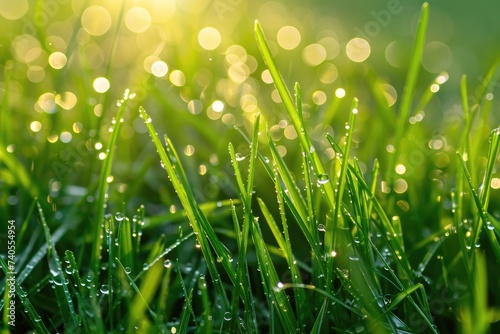 A detailed view of blades of grass adorned with glistening water droplets reflecting sunlight, Dew droplets on morning grass, AI Generated