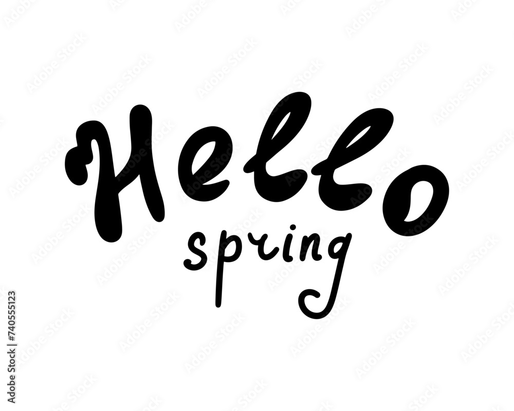 Hand lettering hello spring isolated on white background for spring postcards, banners, festive design and spring content. Unique lettering for designs in the style of flat lay cartoons