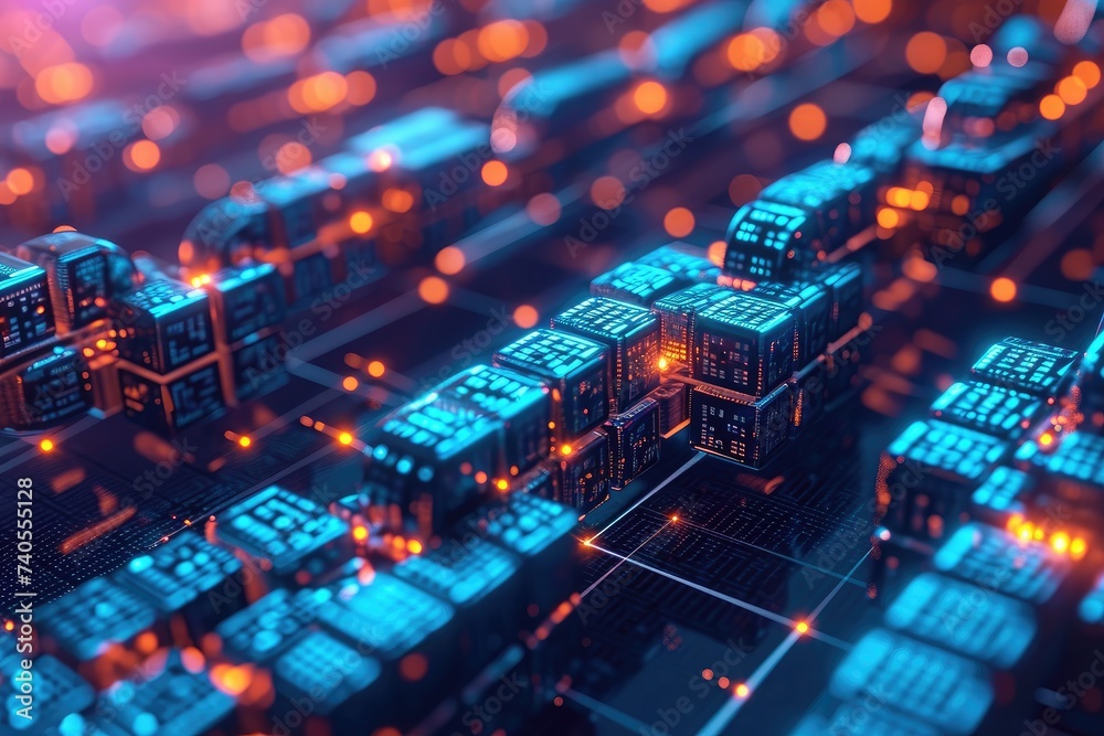 A bustling cityscape in the future, characterized by an array of vibrant blue and yellow lights, Digital blocks interlinked, symbolizing blockchain, AI Generated A bustling cityscape in the future, characterized by an array of vibrant blue and yellow lights, Digital blocks interlinked, symbolizing blockchain, AI Generated