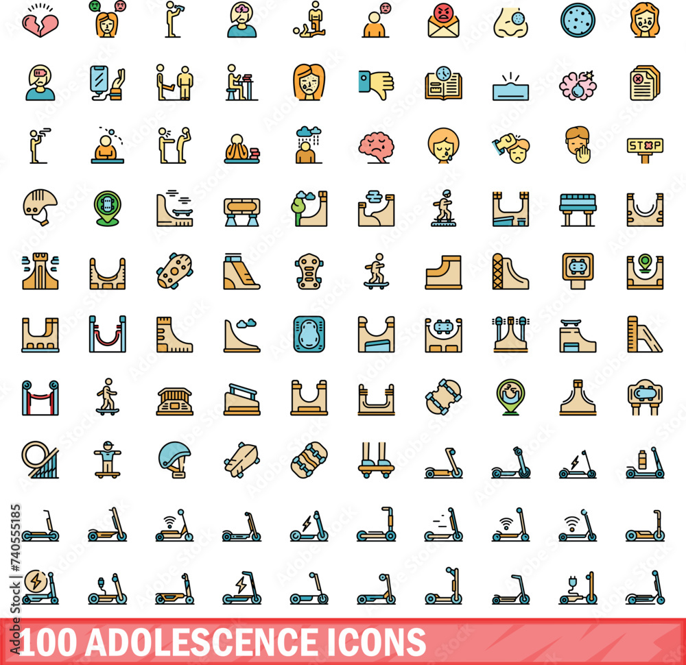 Fototapeta premium 100 adolescence icons set. Color line set of adolescence vector icons thin line color flat on white