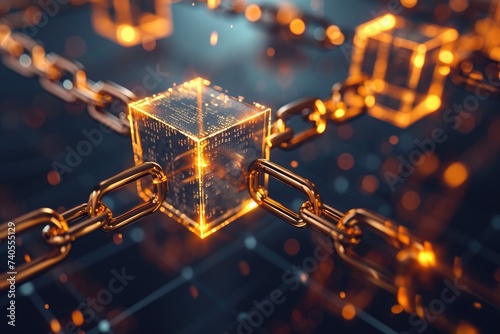 A shiny golden cube with metal chains wrapped tightly around it, creating an intriguing visual contrast, Digital blocks interlinked, symbolizing blockchain, AI Generated photo