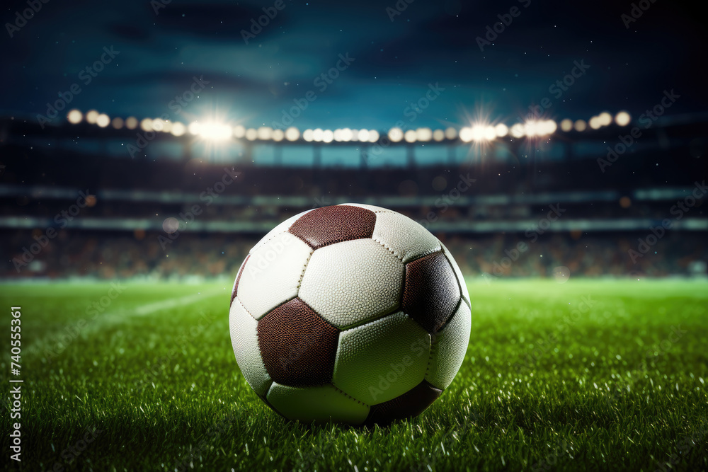 Fototapeta premium Black and white soccer ball on green grass in the center of a stadium, illuminated by spotlights