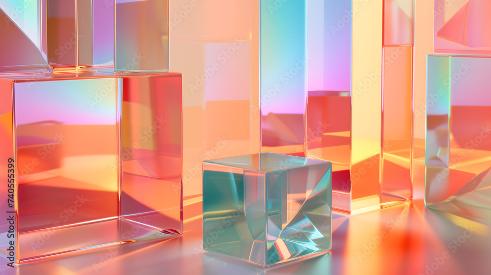 abstract background of glass cuboids with bright pastel colorful light
