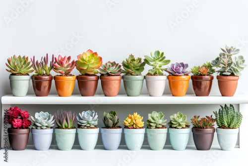 Stylish white wooden shelves with green succulent plants. Modern hipster room decoration photo