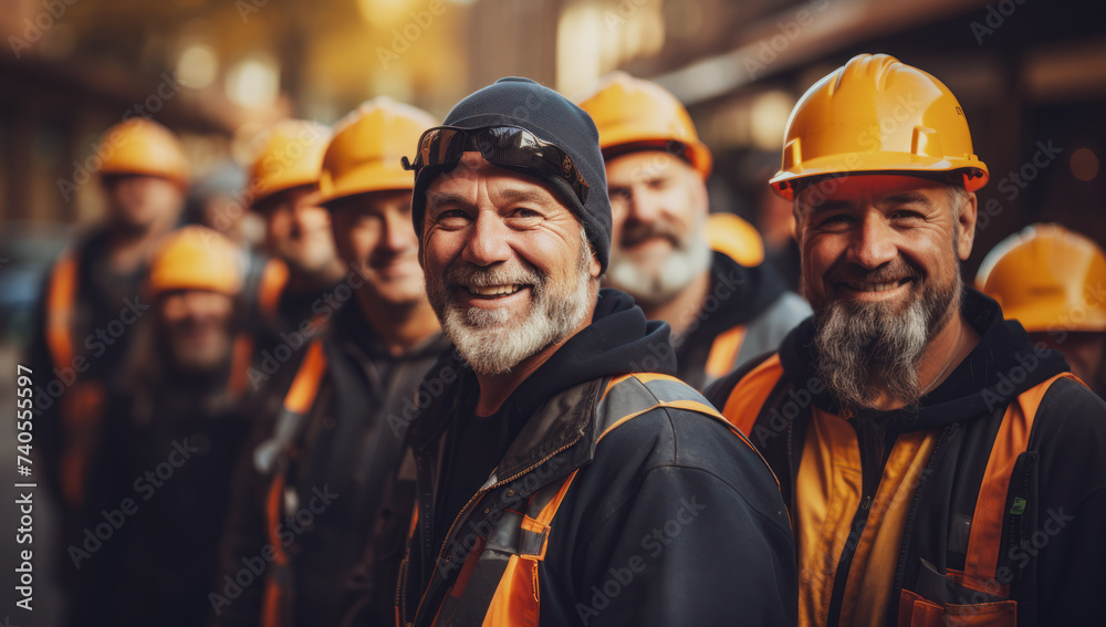 Smiling builders in work clothes and helmets on their heads look at the camera Smiling builders in work clothes and helmets on their heads look at the camera