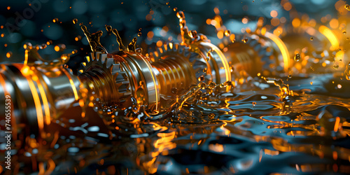 Oil splashing inside car engine,Automotive Oil wave splashing in car engine with lubricant oil Concept of lubricate motor oil and gears for engine. photo