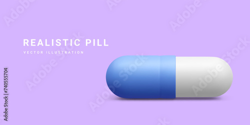 Realistic medicine pill isolated on light background. Advertising banner for hospital or pharmaceutical company. Sign for pharmacy. Symbol of treatment. Vector Illustrations
