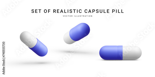Set of realistic capsules pills isolated on white background. Medical pills icon for hospital, pharmaceutical company or pharmacies. Vector Illustrations