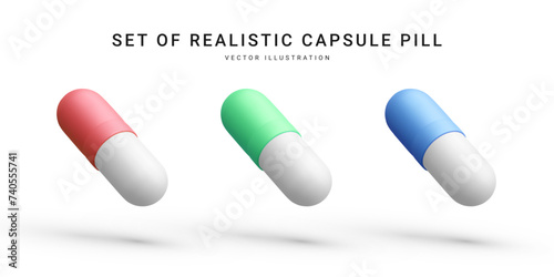 Set of realistic capsules pills isolated on white background. Medical pills icon for hospital, pharmaceutical company or pharmacies. Vector Illustrations