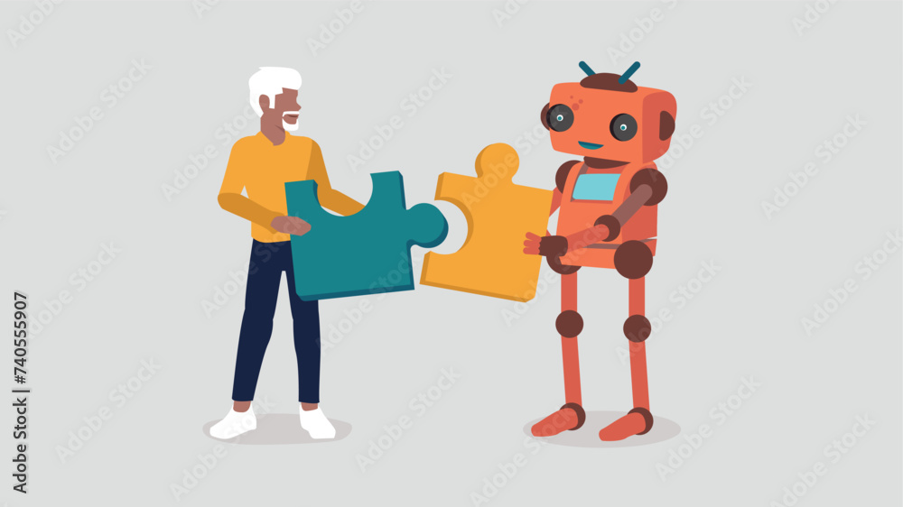 Ein Mensch und ein Roboter setzen ein Puzzle zusammen - Konzept der künstlichen Intelligenz Ein Mensch und ein Roboter setzen ein Puzzle zusammen - Konzept der künstlichen Intelligenz