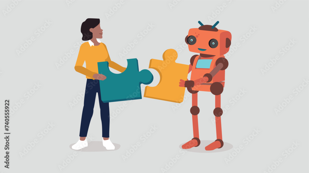 Ein Mensch und ein Roboter setzen ein Puzzle zusammen - Konzept der künstlichen Intelligenz Ein Mensch und ein Roboter setzen ein Puzzle zusammen - Konzept der künstlichen Intelligenz