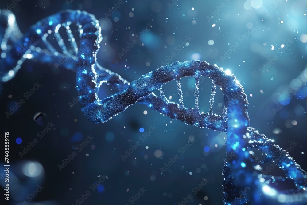 This photo showcases a 3D rendering of a double-strand consisting of blue-colored strands, providing a detailed view of their structure, DNA strand manipulation under a microscope, AI Generated This photo showcases a 3D rendering of a double-strand consisting of blue-colored strands, providing a detailed view of their structure, DNA strand manipulation under a microscope, AI Generated