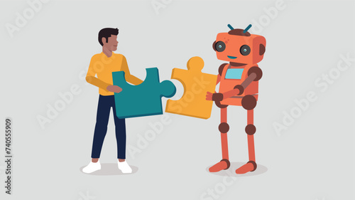 Ein Mensch und ein Roboter setzen ein Puzzle zusammen - Konzept der künstlichen Intelligenz