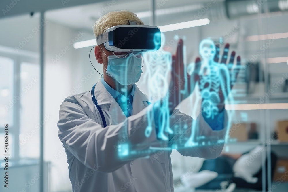 A male scientist wearing a white lab coat is seen using a virtual device in a laboratory, Doctor using augmented reality to diagnose patient, AI Generated