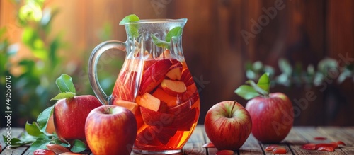 A pitcher filled with apple juice sits on a wooden table surrounded by fresh apples, showcasing the natural foods and ingredients used to create the liquid staple food