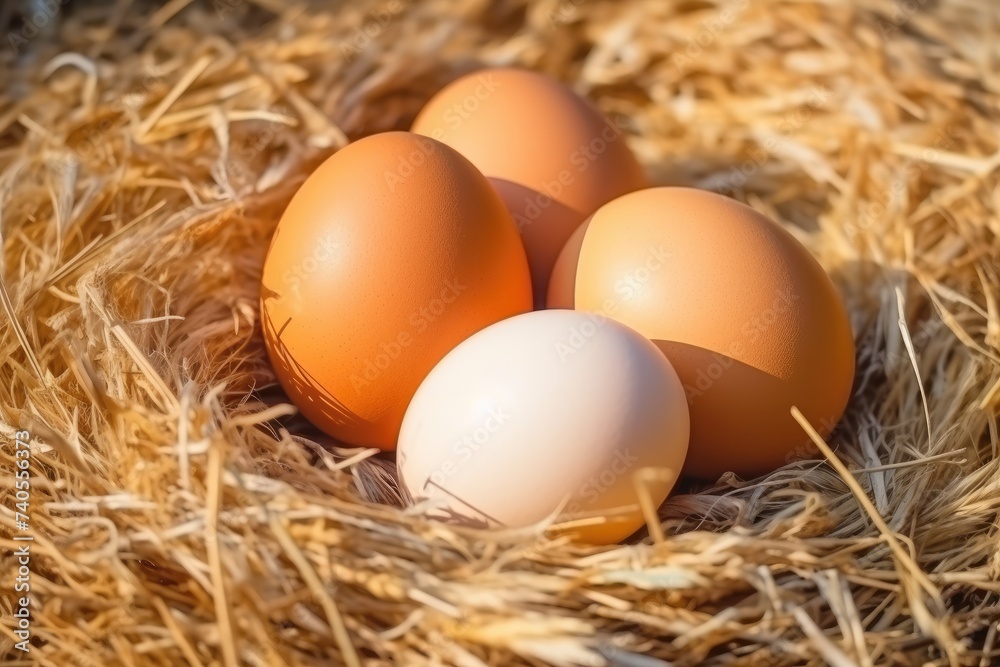 BIO fresh chicken eggs on green farm, food protein healthy food . Generative Ai. BIO fresh chicken eggs on green farm, food protein healthy food . Generative Ai.