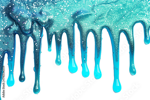 Blue liquid drops of paint color flow down on isolated white background. AI Generative
