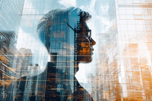 Double Exposure Image of a Mans Face in a City, Double exposure of model versus reality in futuristic building construction, AI Generated