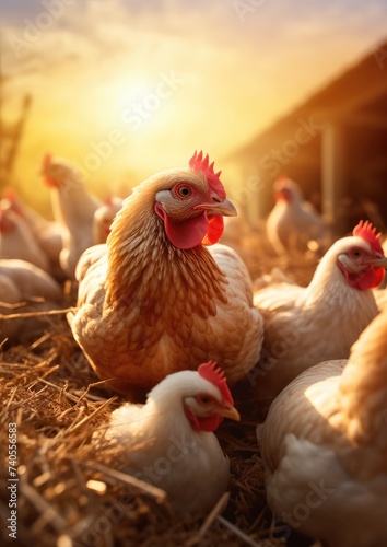 Healthy chicken animal on green farm during colorfu sunset, food protein healthy food. Generative Ai.