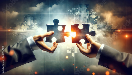 A professional and creative representation of two hand-holding jigsaw puzzle pieces, artistically embodying the concepts of business solutions, succes photo