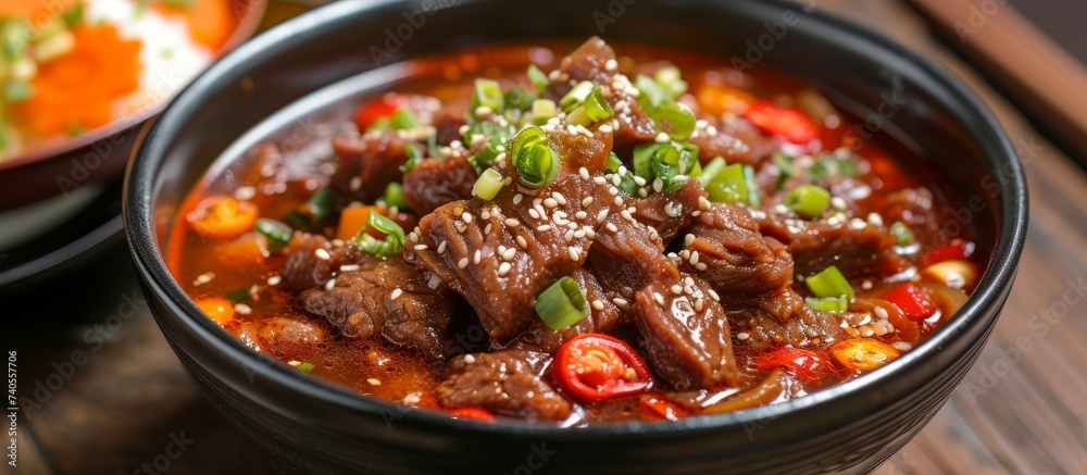 A hearty dish of beef stew with vegetables, braised to perfection and served in a bowl on a rustic wooden table A hearty dish of beef stew with vegetables, braised to perfection and served in a bowl on a rustic wooden table