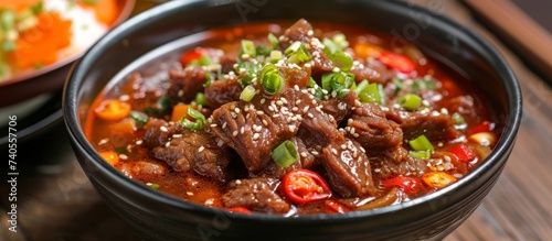 A hearty dish of beef stew with vegetables, braised to perfection and served in a bowl on a rustic wooden table