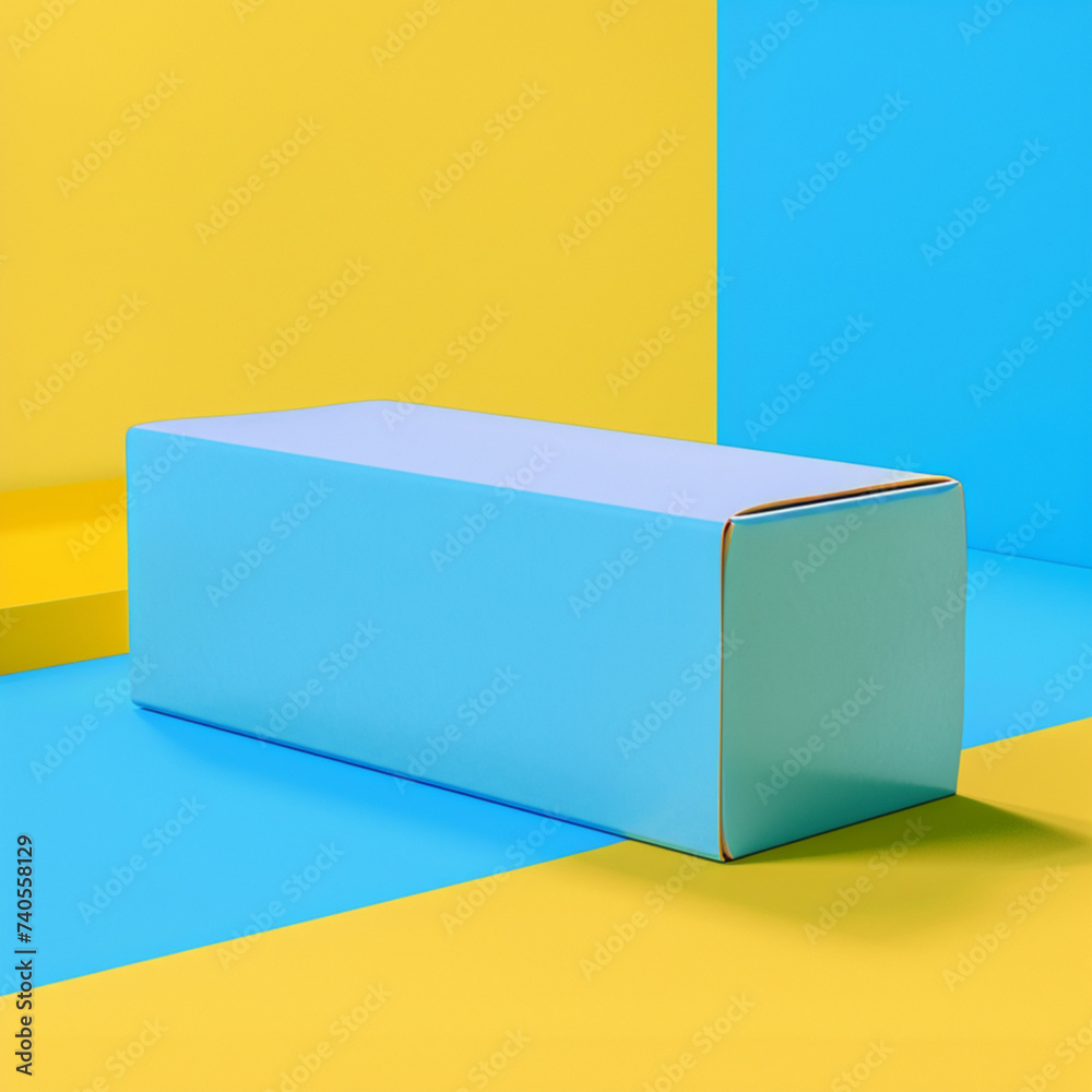 box product on wood mockup, blue and yellow minimalist space aesthetic, shapes