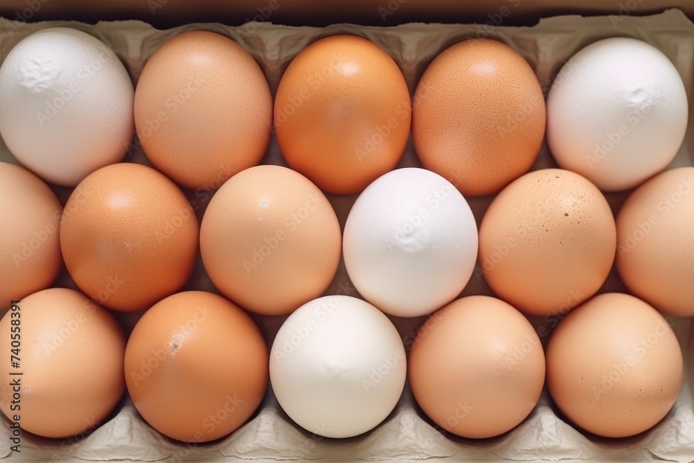 BIO fresh chicken eggs in paper box in supermarket, food protein healthy food. Generative Ai. BIO fresh chicken eggs in paper box in supermarket, food protein healthy food. Generative Ai.