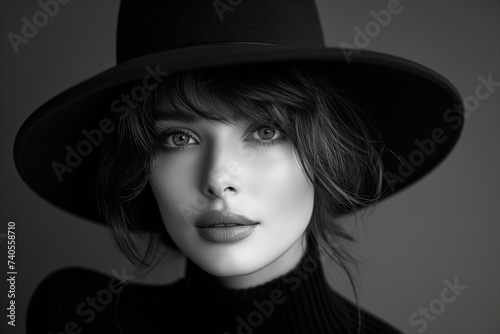 Monochrome portrait of a beautiful elegant stylish Caucasian woman in a black hat, studio shot