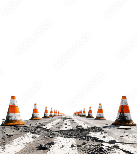 cracked asphalt road with marking lines and orange-white stripe safty cones on white background photo