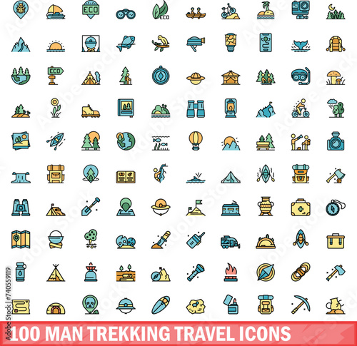 100 man trekking travel icons set. Color line set of man trekking travel vector icons thin line color flat on white