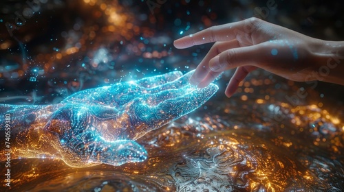 An image of a woman's hand touching the metaverse universe in a digital transformation concept for the next generation of technology.