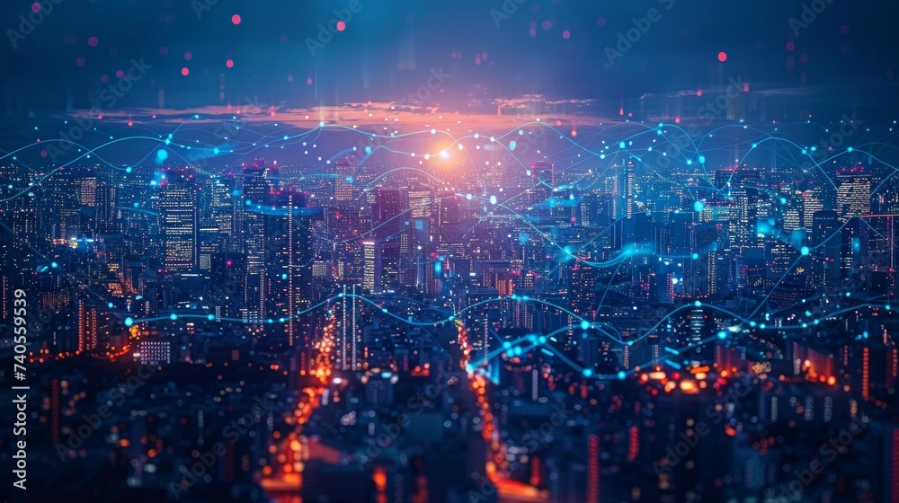 Technology concept of smart city and big data connection with blue wavy wires on a night skyline background, double exposure