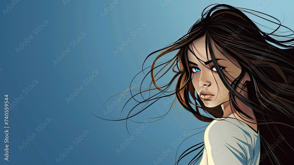 Naklejka premium minimalist serious girl cartoon with long hair blue eyes,back space