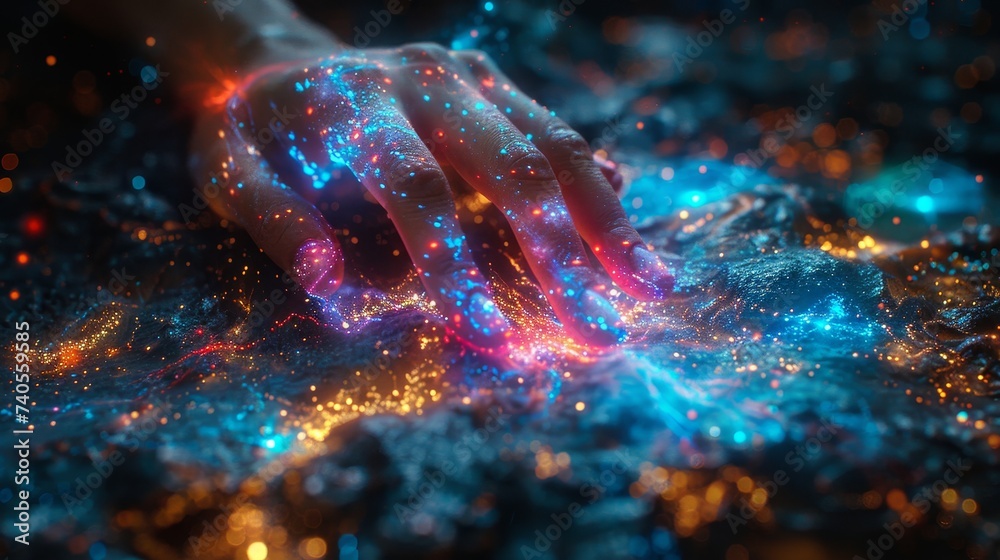 An image of a woman's hand touching the metaverse universe, a conceptual image that represents the coming generation of technology.