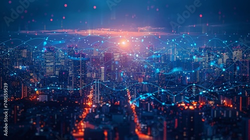 Technology concept of smart city and big data connection with blue wavy wires on a night skyline background, double exposure