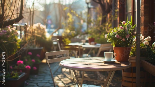 A peaceful terrace adorned with vibrant flowers, blossoming trees, and charming garden furniture in the warm sunlight.