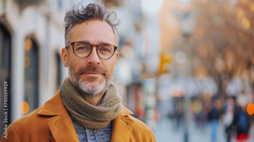 Confident middle-aged man with stylish glasses and a trendy scarf, sporting a casual yet fashionable look outdoors, showcasing a friendly smile  - obrazy, fototapety, plakaty 