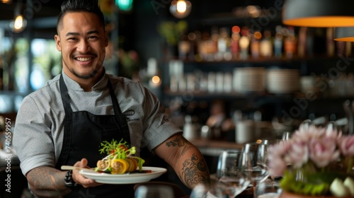 A smiling man in restaurant attire proudly presents a delectable plate of food on a table adorned with a flower, as a woman looks on in anticipation