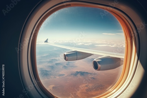 A view of the wing of an airplane from a window. Suitable for travel and transportation concepts